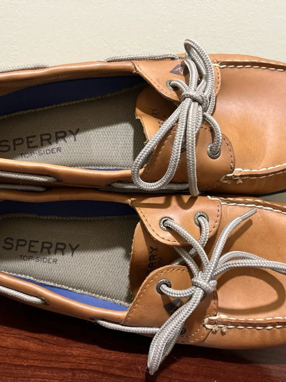 Sperry Tan Leather 2-Eye Boat Shoes with Gray Laces